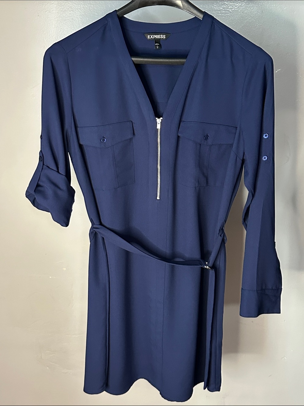 Express Navy Zip-Front Belted Long Sleeve Shirt Dress